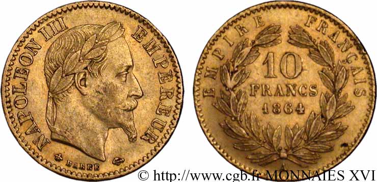 10 francs or Napoléon III, tête laurée 1864 Paris F.507A/6 TTB 