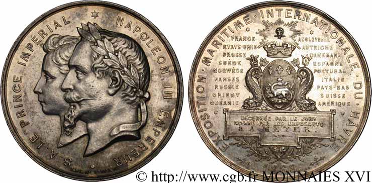 NAPOLÉON IV Médaille de l’exposition maritime internationale du Havre le 1er juin 1868 MBC+