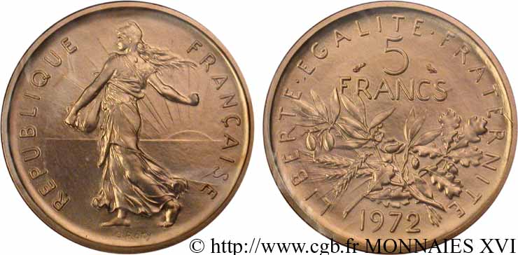 Piéfort or de 5 francs Semeuse, nickel 1972 Paris F.341/4P MS 