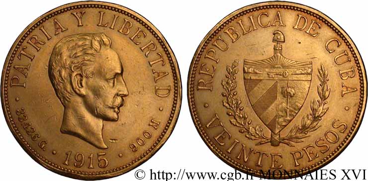CUBA - RÉPUBLIQUE 20 pesos 1915 Philadelphie TTB 