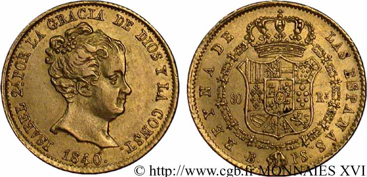 ESPAGNE - ROYAUME D ESPAGNE - ISABELLE II 80 reales en or 1840 Barcelone TTB 