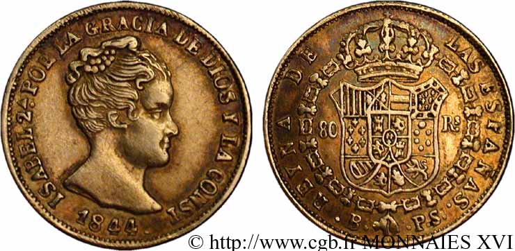 ESPAGNE - ROYAUME D ESPAGNE - ISABELLE II 80 reales en or 1844 Barcelone TTB 