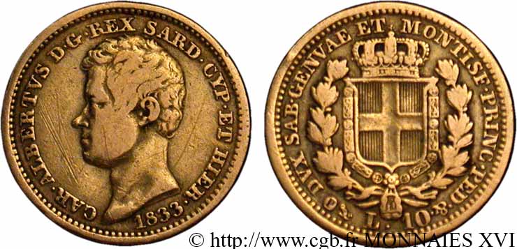 ITALIE - ROYAUME DE SARDAIGNE - CHARLES-ALBERT 10 lires or 1833 Gênes TB 