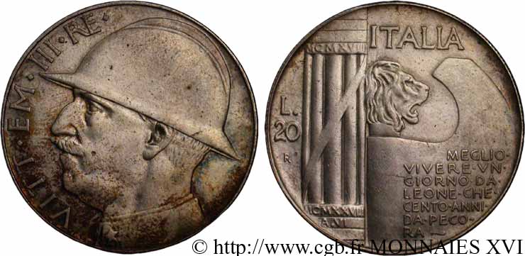 ITALIEN - ITALIEN KÖNIGREICH - VIKTOR EMANUEL III. 20 lires Ar 35, 10e anniversaire de la fin de la Première Guerre mondiale 1928 Rome SS 