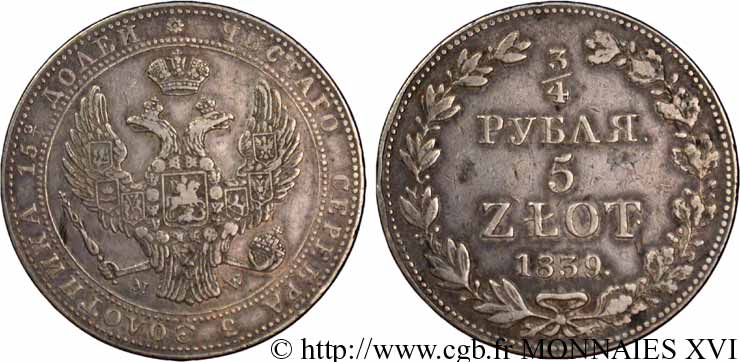 POLOGNE - ROYAUME DE POLOGNE - NICOLAS Ier 5 zloty ou 3/4 rouble 1839 Varsovie TTB 
