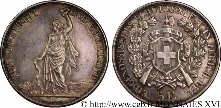 SUISSE - CONFÉDÉRATION HELVÉTIQUE Médaille de 5 francs, concours de tir de Zurich 1872  SUP 