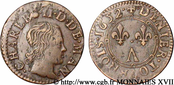 ARDENNES - PRINCIPALITY OF ARCHES-CHARLEVILLE - CHARLES II GONZAGA Denier tournois, type 3 XF