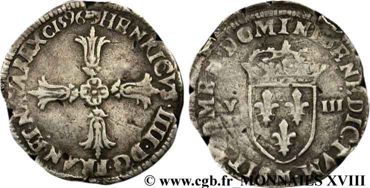 HENRI IV LE GRAND Huitième d écu, croix feuillue de face 1596 Toulouse TB+