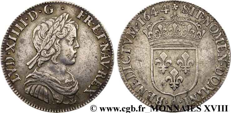 LOUIS XIV LE GRAND OU LE ROI SOLEIL Quart d écu à la mèche courte 1644 Paris, Monnaie de Matignon TTB/TTB+