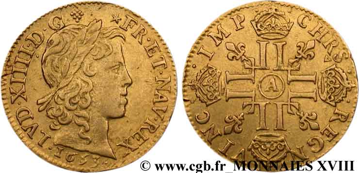 LOUIS XIV  THE SUN KING  Louis d’or aux huit L, portrait à la mèche longue 1653 Paris q.SPL