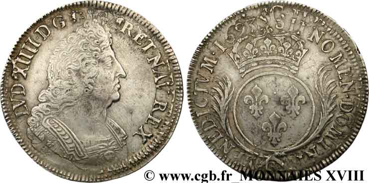 LOUIS XIV  THE SUN KING  Écu aux palmes 1693 Poitiers XF