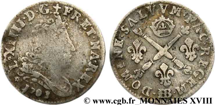 LOUIS XIV  THE SUN KING  Cinq sols aux insignes 1703 Strasbourg F/VF