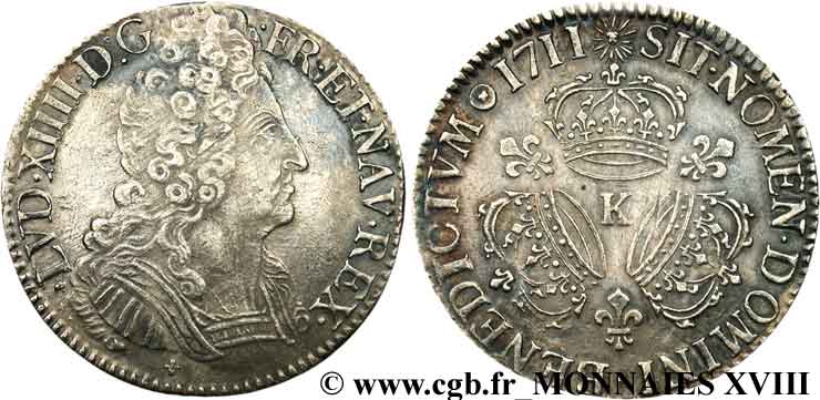 LOUIS XIV  THE SUN KING  Écu aux trois couronnes 1711 Bordeaux VF/XF
