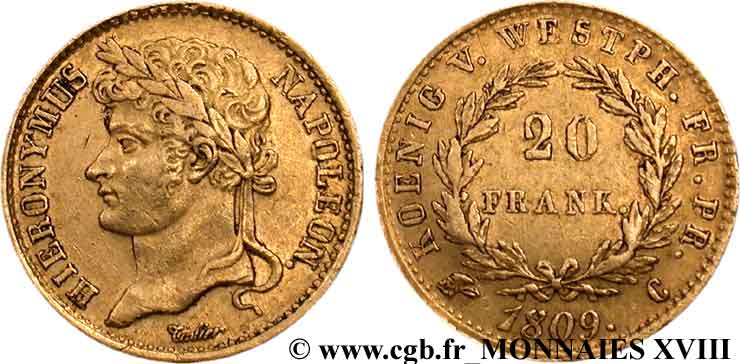 ALLEMAGNE - ROYAUME DE WESTPHALIE - JÉRÔME NAPOLÉON 20 frank or 1809 Cassel TTB 