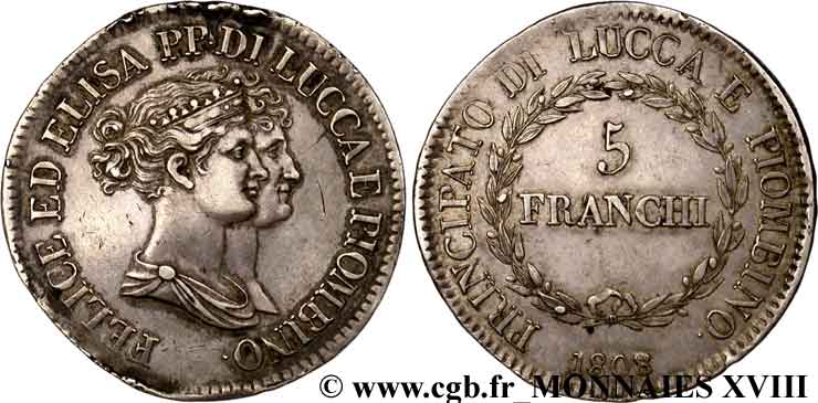 ITALIA - PRINCIPATO DI LUCCA E PIOMBINO - FELICE BACCIOCHI E ELISA BONAPARTE 5 franchi, grands bustes 1808/7 Florence XF 