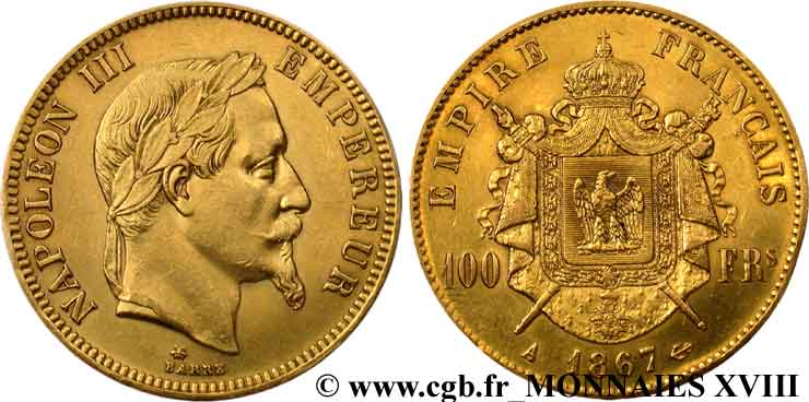 100 francs or Napoléon III, tête laurée 1867 Paris F.551/8 SPL 