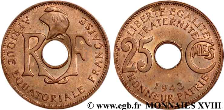 AFRIQUE ÉQUATORIALE FRANÇAISE 25 centimes AEF 1943 Prétoria EBC 
