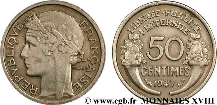 50 centimes Morlon, variété de métal ou essai indéterminé 1947  F.192/19 var. TTB 
