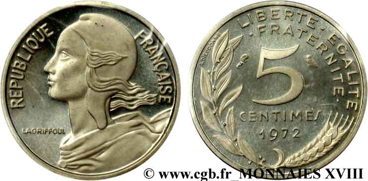 Piéfort argent de 5 centimes Marianne 1972 Paris F.125/8P MS 