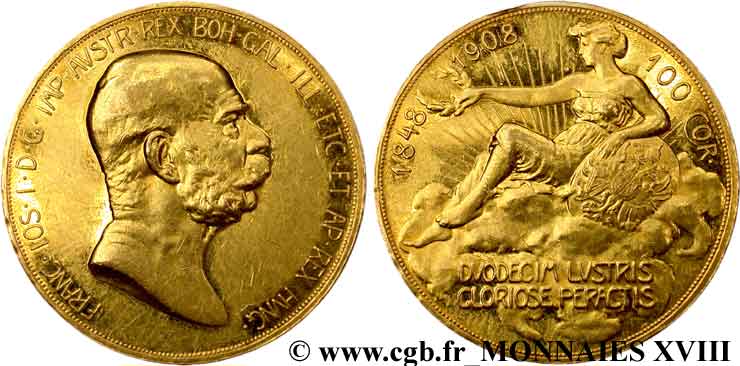AUTRICHE - FRANÇOIS-JOSEPH Ier 100 couronnes en or, 60e anniversaire de règne 1908 Vienne  SUP 