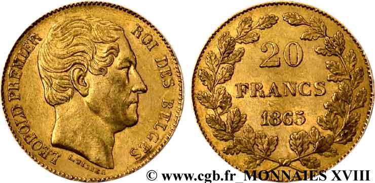 BELGIQUE - ROYAUME DE BELGIQUE - LÉOPOLD Ier 20 francs or, tête nue 1865 Bruxelles TTB 