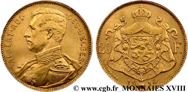 BELGIQUE - ROYAUME DE BELGIQUE - ALBERT Ier 20 francs or, légende française 1914 Bruxelles SUP 
