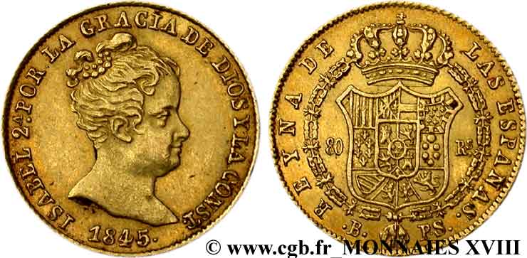 ESPAGNE - ROYAUME D ESPAGNE - ISABELLE II 80 reales en or 1845 Barcelone SS 