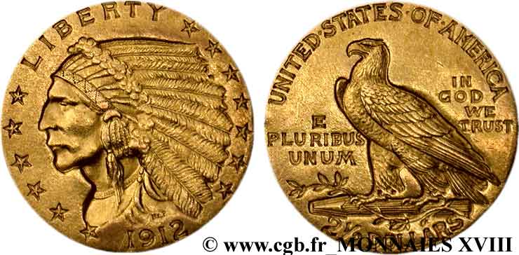 ÉTATS-UNIS D AMÉRIQUE Quarter Eagle ou 2 1/2 dollars Or  Indian Head  1912 Philadelphie TTB 