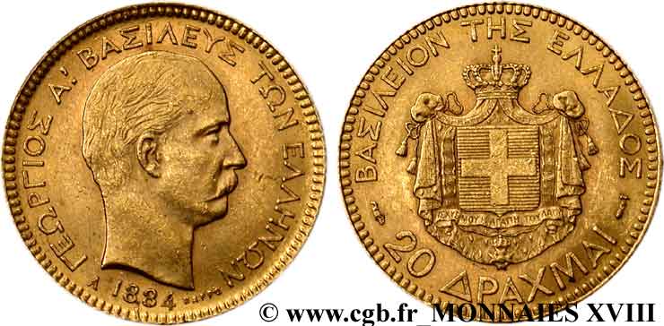 GRÈCE - ROYAUME DE GRÈCE - GEORGES Ier 20 drachmes or 1884 Paris TTB 
