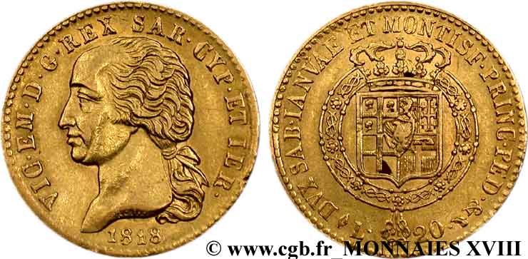 ITALIE - ROYAUME DE SARDAIGNE - VICTOR-EMMANUEL Ier 20 lires or, 1er type 1818 Turin MBC 