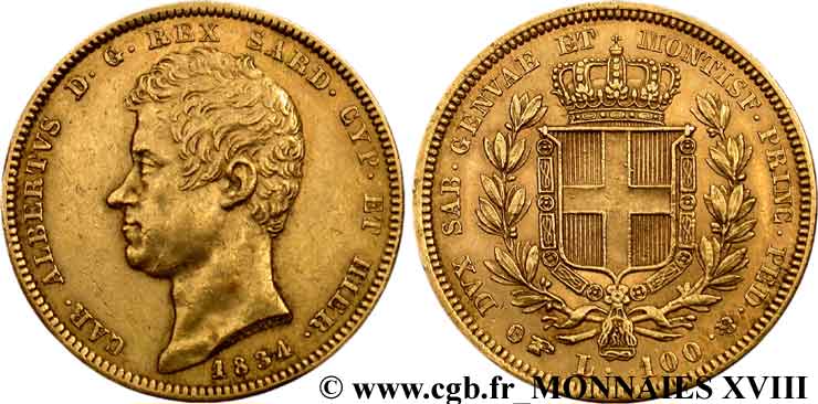 ITALIE - ROYAUME DE SARDAIGNE - CHARLES-ALBERT 100 lires or 1834 Turin TTB 