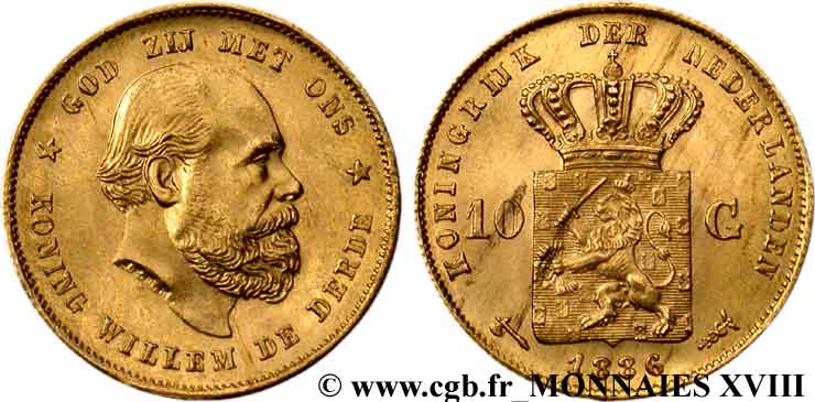 PAYS-BAS - ROYAUME DES PAYS-BAS - GUILLAUME III 10 guldens or ou 10 florins or, 2e type 1886 Utrecht SUP 