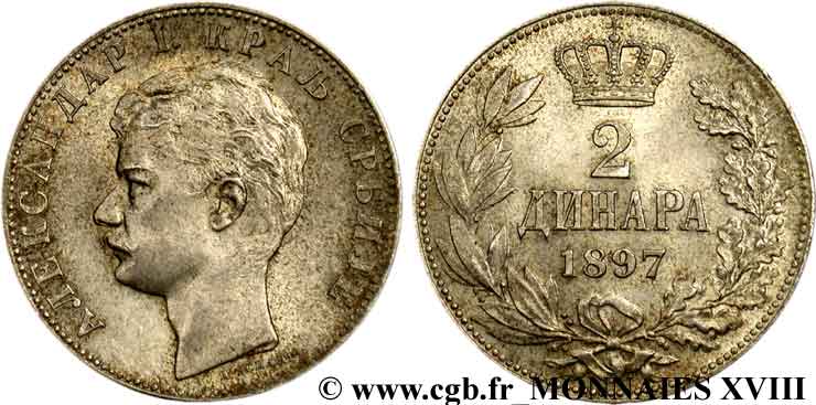 ROYAUME DE SERBIE - ALEXANDRE OBRÉNOVITCH 2 dinara 1897  SUP 