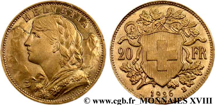 SUISSE - CONFÉDÉRATION HELVÉTIQUE 20 francs or  Vreneli  1926 Berne SPL 