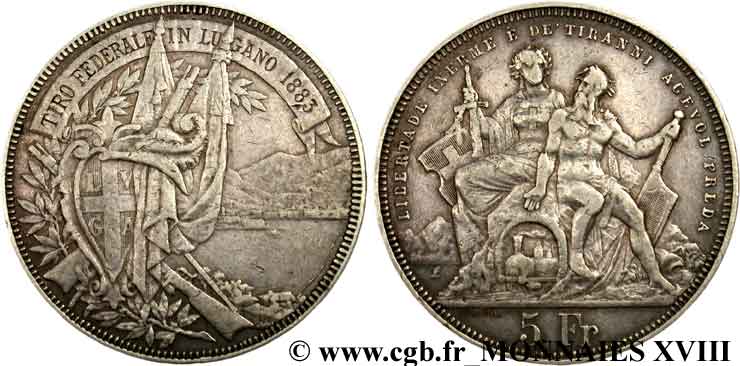 SUISSE - CONFÉDÉRATION HELVÉTIQUE 5 Francs, concours de Tir de Lugano 1883  TTB 