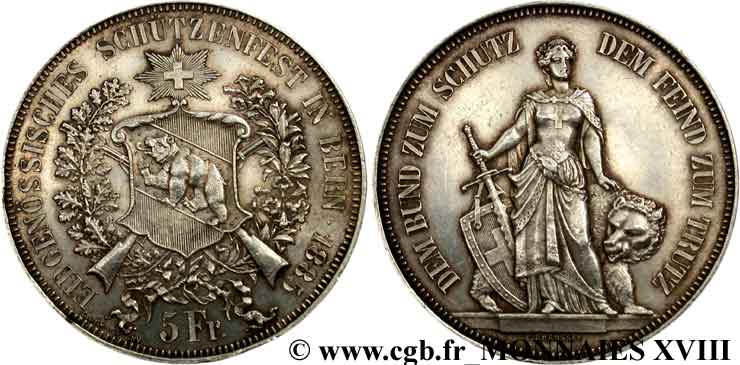 SUISSE - CONFÉDÉRATION HELVÉTIQUE 5 Francs, concours de Tir de Berne 1885  SUP 