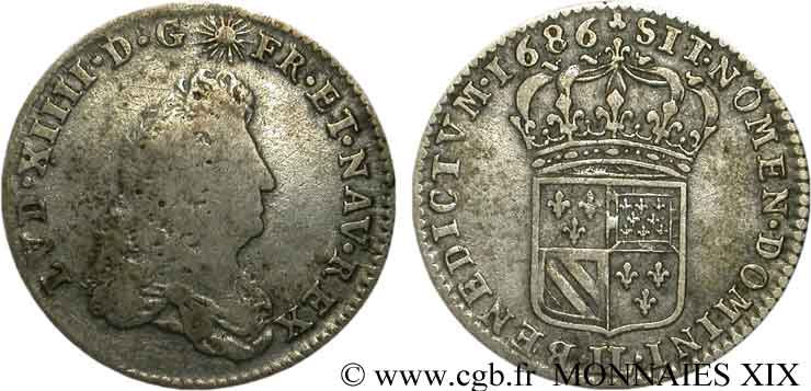 LOUIS XIV LE GRAND OU LE ROI SOLEIL Huitième d écu de Flandre, buste étroit 1686 Lille TB/TTB