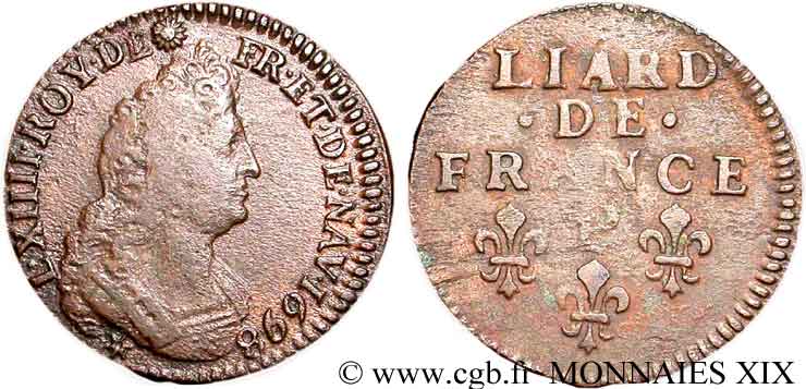 LOUIS XIV  THE SUN KING  Liard, 3e type, buste âgé 1698 Dijon BB