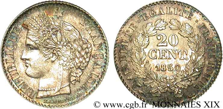 20 centimes Cérès Deuxième république 1850 Paris F.146/3 MS 