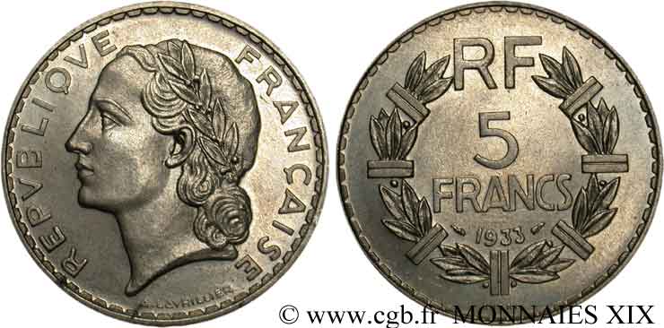 Concours de 5 francs, essai de Lavrillier en nickel 1933 Paris F.336/1 AU 