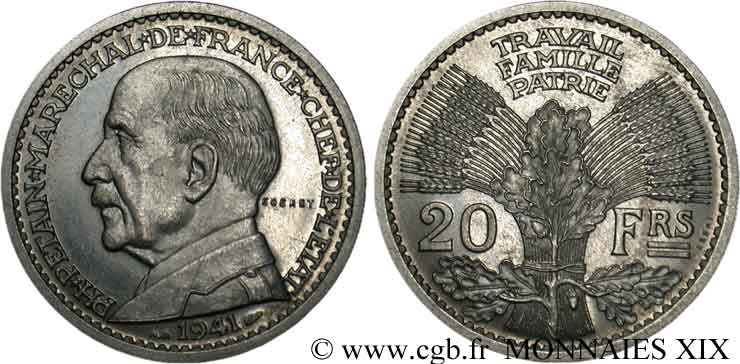 Essai de 20 francs Pétain en aluminium par Cochet 1941  VG.cf. 5565  fST 