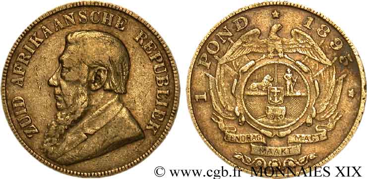 AFRIQUE DU SUD - RÉPUBLIQUE - PRÉSIDENT KRUGER 1 pond (pound ou livre) 1895  TB 