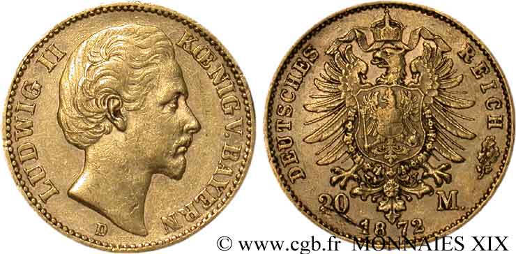 ALLEMAGNE - ROYAUME DE BAVIÈRE - LOUIS II 20 marks or, 1er type 1872 Münich TTB 