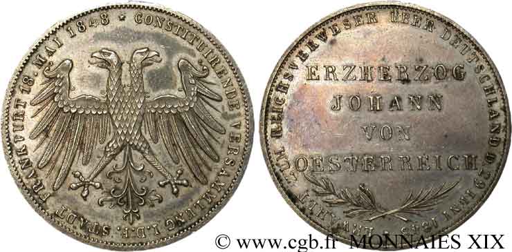 ALLEMAGNE - VILLE LIBRE DE FRANCFORT 2 Gulden élection de Jean Archiduc d’Autriche 1848 Francfort SUP 