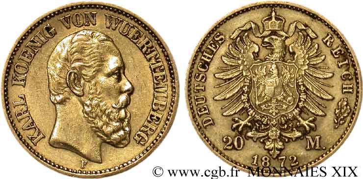 ALLEMAGNE - ROYAUME DE WURTTEMBERG - CHARLES Ier 20 marks or, 1er type 1872 Stuttgart TTB 