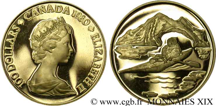 CANADA - ÉLISABETH II 100 dollars or, territoires arctiques 1980  FDC 