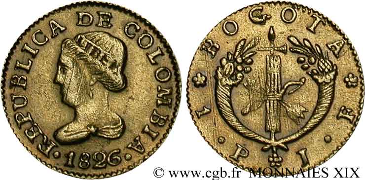 COLOMBIE - RÉPUBLIQUE DE COLOMBIE 1 peso en or 1826 Bogota TTB 