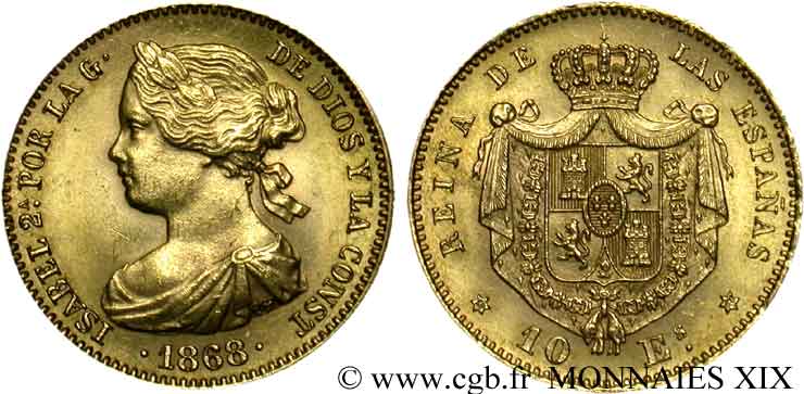 ESPAGNE - ROYAUME D ESPAGNE - ISABELLE II 10 escudos en or 1868 Madrid VZ 