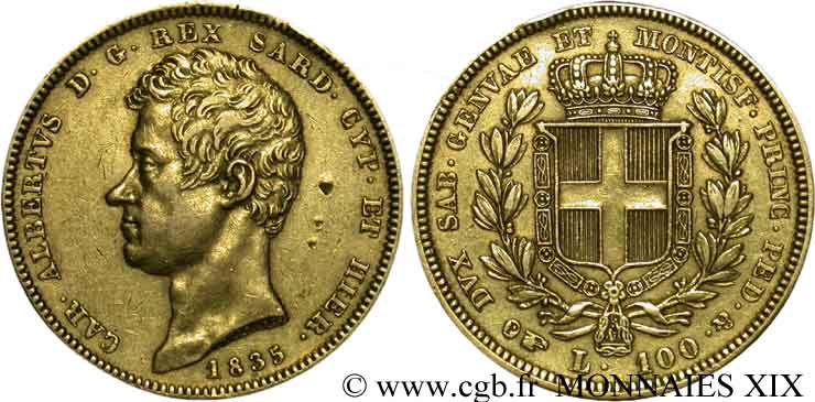 ITALIE - ROYAUME DE SARDAIGNE - CHARLES-ALBERT 100 lires or 1835 Turin TTB 