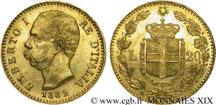 ITALIE - ROYAUME D ITALIE - HUMBERT Ier 20 lires or 1882 Rome SUP 